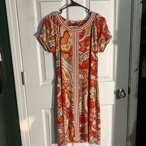 Abstract sunrise color dress beaded soft silky material women’s medium stretchy